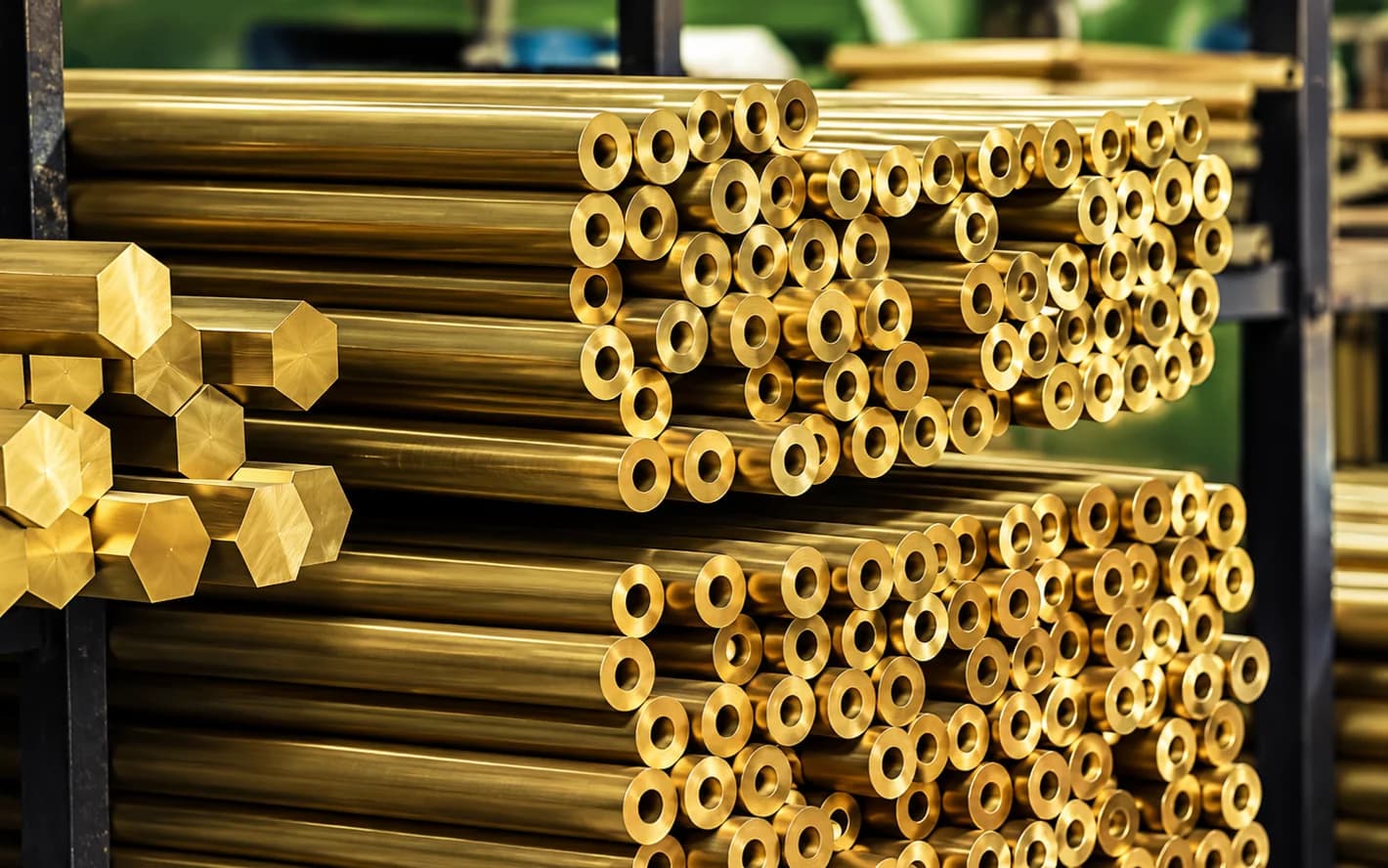 Brass rod, tube and hex bar stock racked in the material store